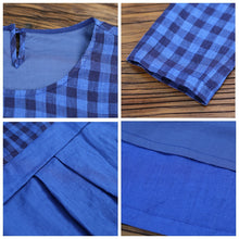 Load image into Gallery viewer, Women Linen Blue Checked Patchwork Dress
