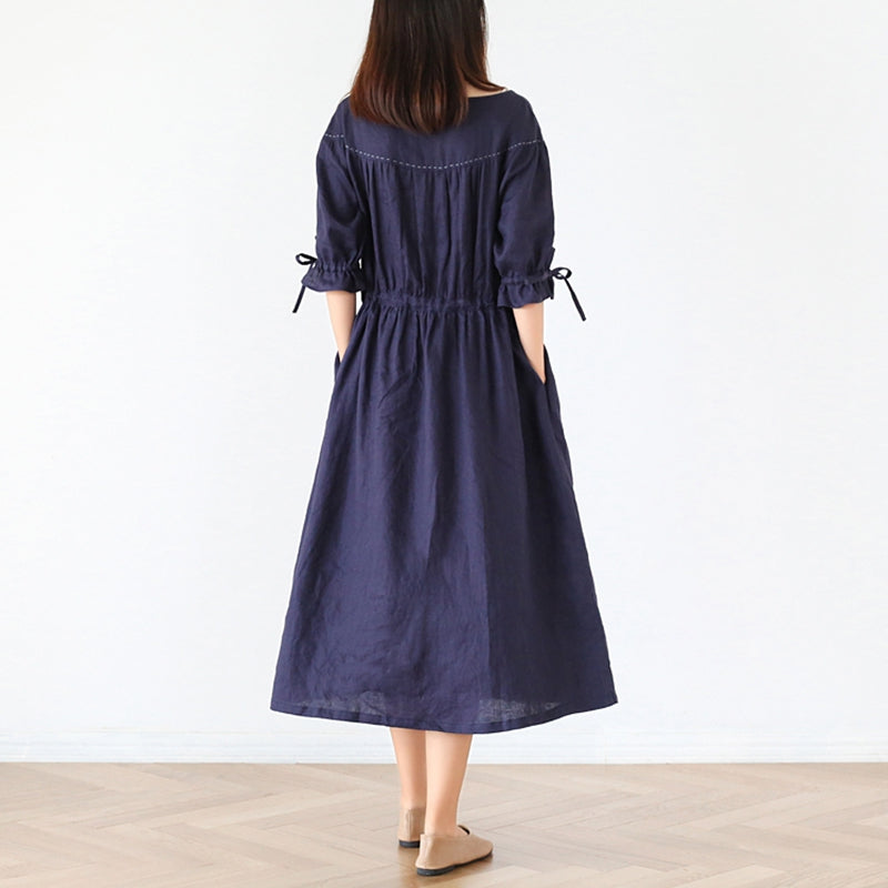 Women Vintage Linen Half Sleeve Round Neck Dress– FantasyLinen
