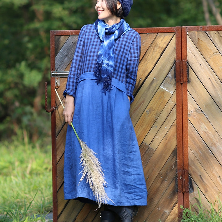 Women Linen Blue Checked Patchwork Dress– FantasyLinen
