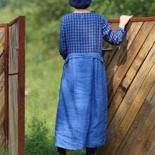 Load image into Gallery viewer, Women Linen Blue Checked Patchwork Dress
