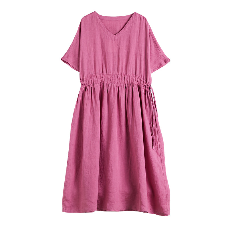 Women Vintage Pink Cotton Linen Dresses For Summer Q10065 Women Vintage Pink Cotton Linen Dresses For Summer Q10065