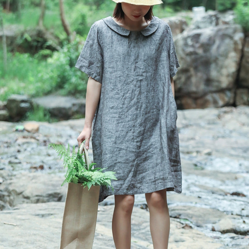 Women Simple Loose Linen Pure Color Dress