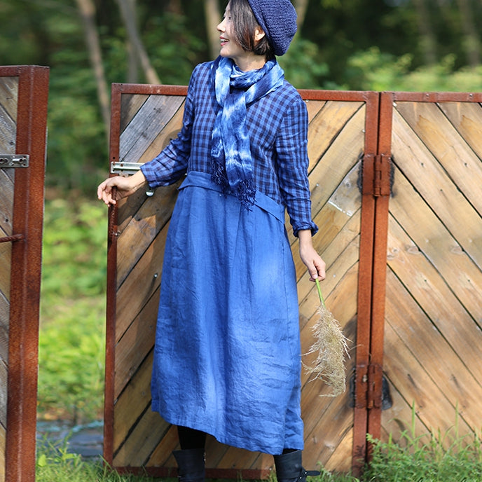 Women Linen Blue Checked Patchwork Dress