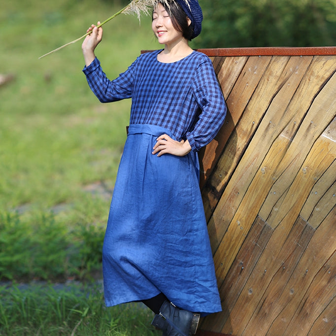 Women Linen Blue Checked Patchwork Dress