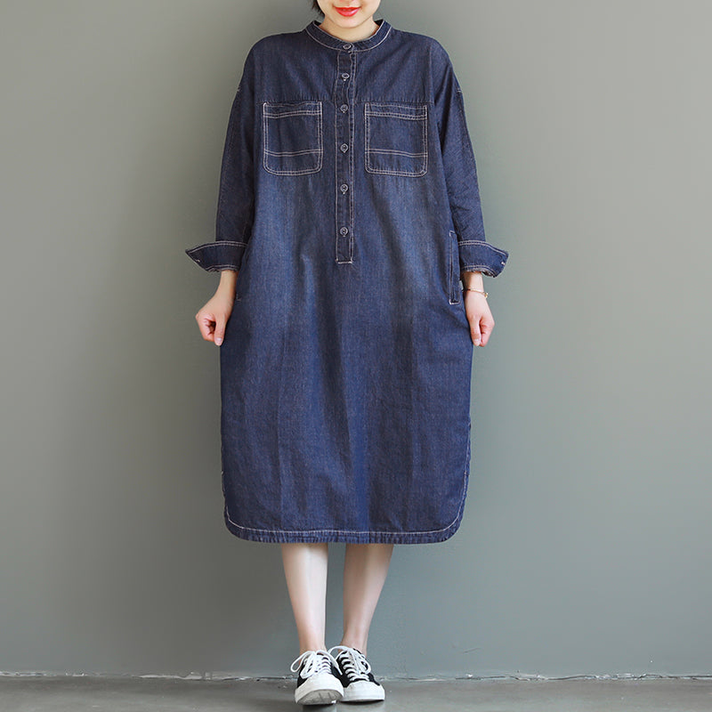 white christmas dresses Loose Blue Maxi Denim Dresses Women Casual Spring Clothes Q25029–  FantasyLinen