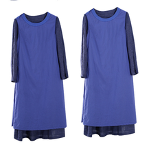 Load image into Gallery viewer, Women Linen Blue Checked Loose Drawstring Waist Dress
