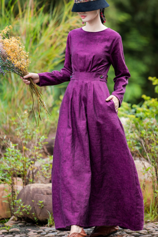 Women's Simple Linen Purple Collect Waist Maxi Dress Women's Simple Linen Purple Collect Waist Maxi Dress