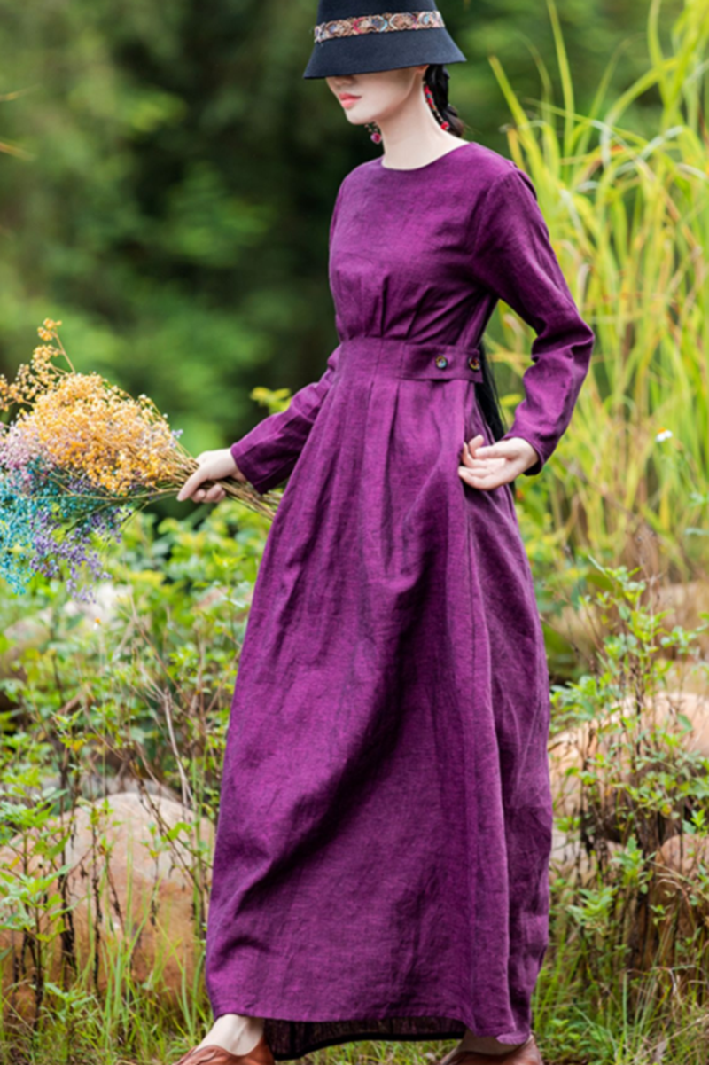 Women's Simple Linen Purple Collect Waist Maxi Dress Women's Simple Linen Purple Collect Waist Maxi Dress