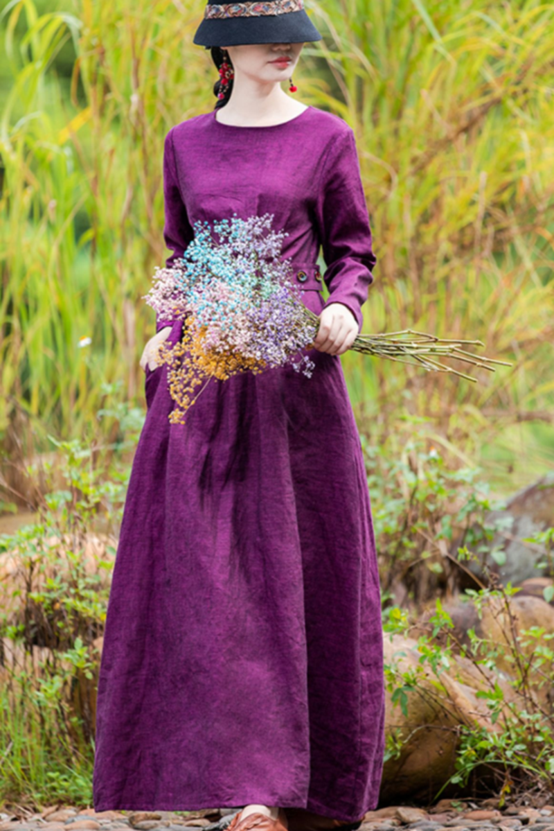 Women's Simple Linen Purple Collect Waist Maxi Dress Women's Simple Linen Purple Collect Waist Maxi Dress
