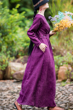 Load image into Gallery viewer, Women&#39;s Simple Linen Purple Collect Waist Maxi Dress