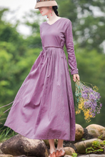 Load image into Gallery viewer, Women&#39;s Linen Pure Color V Neck Waist Drawstring Dress

