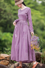 Load image into Gallery viewer, Women&#39;s Linen Pure Color V Neck Waist Drawstring Dress
