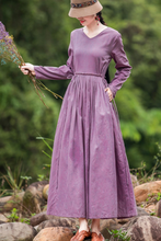 Load image into Gallery viewer, Women&#39;s Linen Pure Color V Neck Waist Drawstring Dress
