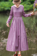 Load image into Gallery viewer, Women&#39;s Linen Pure Color V Neck Waist Drawstring Dress
