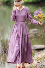 Load image into Gallery viewer, Women&#39;s Linen Pure Color V Neck Waist Drawstring Dress
