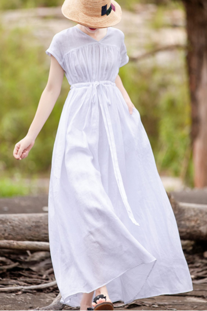 Women's Casual Linen Pure Color Waist Drawstring Dress– FantasyLinen