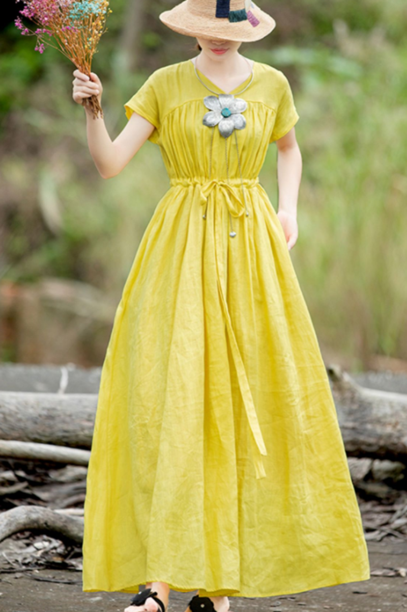 Women's Casual Linen Pure Color Waist Drawstring Dress FantasyLinen