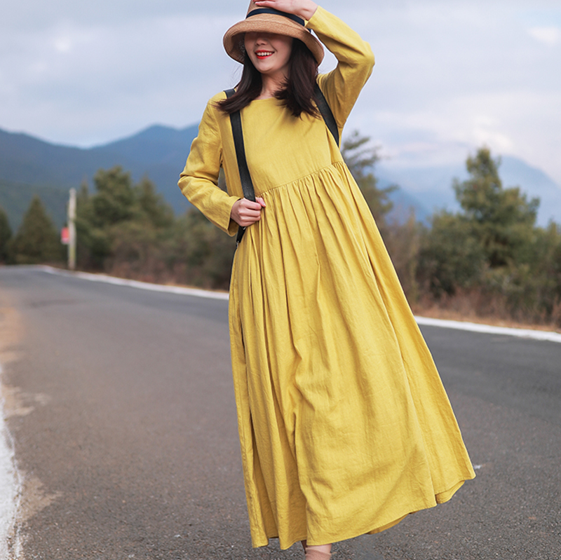 Women Loose Simple Yellow Linen Maxi Dress L Women Loose Simple Yellow Linen Maxi Dress L