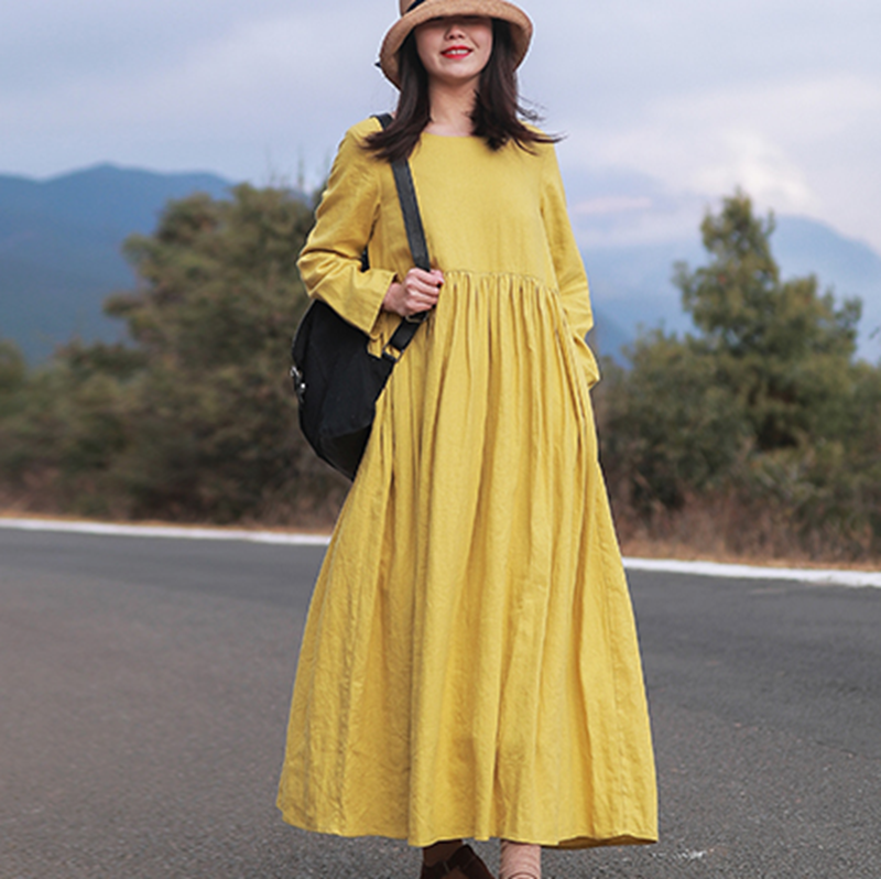 Women Loose Simple Yellow Linen Maxi Dress L