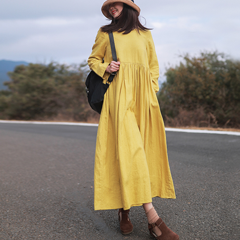 Women Loose Simple Yellow Linen Maxi Dress L