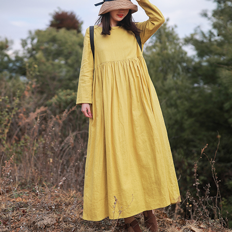 Women Loose Simple Yellow Linen Maxi Dress L