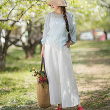 Load image into Gallery viewer, Women White Linen Elastic Waist Wide Leg Pants

