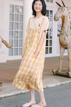 Load image into Gallery viewer, Women&#39;s Loose Linen Yellow Plaid Suspenders Skirt