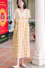 Load image into Gallery viewer, Women&#39;s Loose Linen Yellow Plaid Suspenders Skirt
