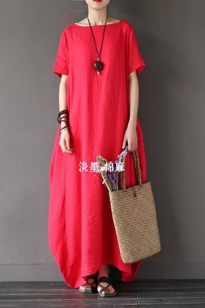 white christmas dresses Red Casual Linen Plus Size Summer Maxi Dresses 1640 XL / Red