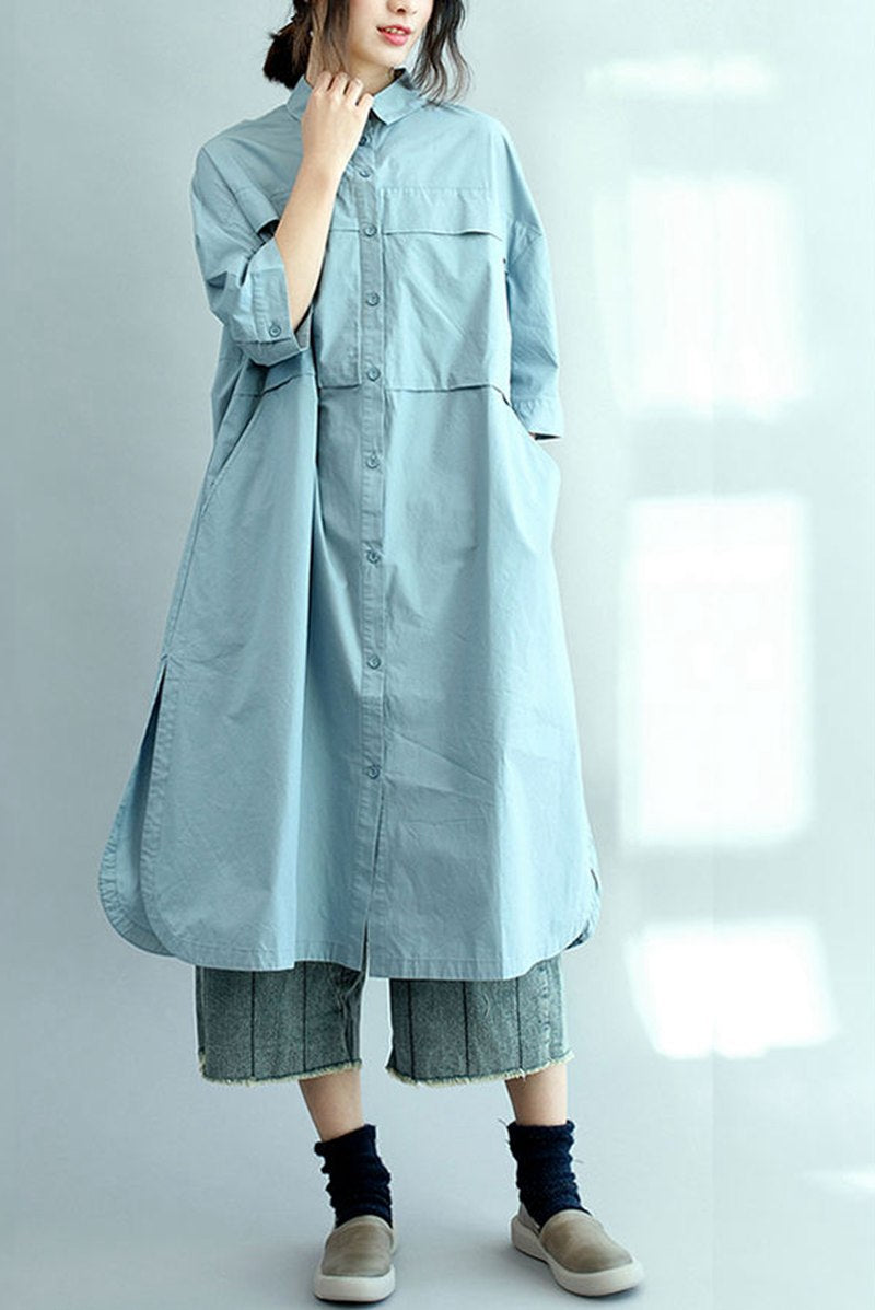 Blue Long Cotton Shirts for Women 3/4 Sleeve Loose Shirt C2071