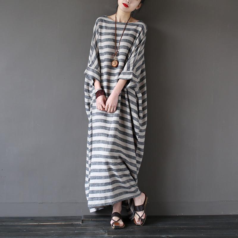 big women in dresses Stripe Loose Big Size Maxi Size Dresses Summer Plus Sizes Women Clothes Q3015 Gray