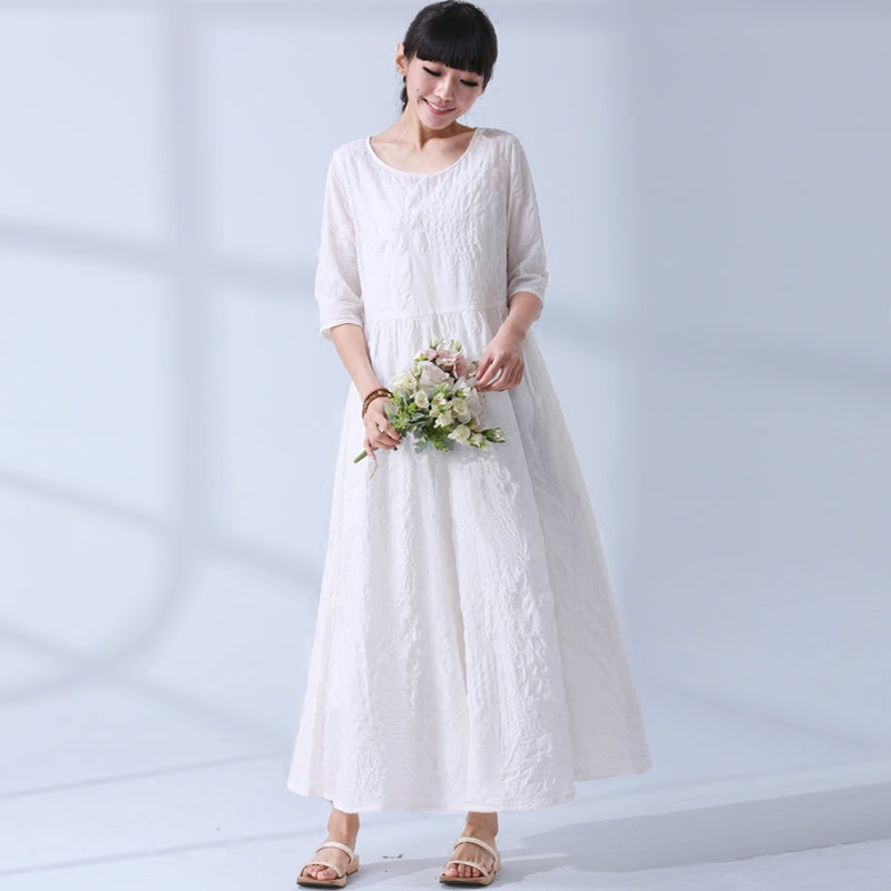 National Wind Summer Elegant Jacquard Cotton Linen Casual Loose Maxi L–  FantasyLinen