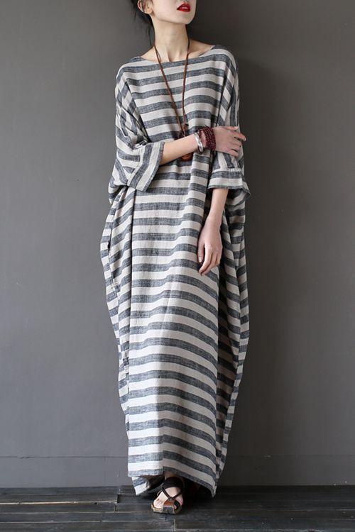 Stripe Loose Big Size Maxi Size Dresses Summer Plus Sizes Women Clothes Q3015 Gray Stripe Loose Big Size Maxi Size Dresses Summer Plus Sizes Women Clothes Q3015 Gray
