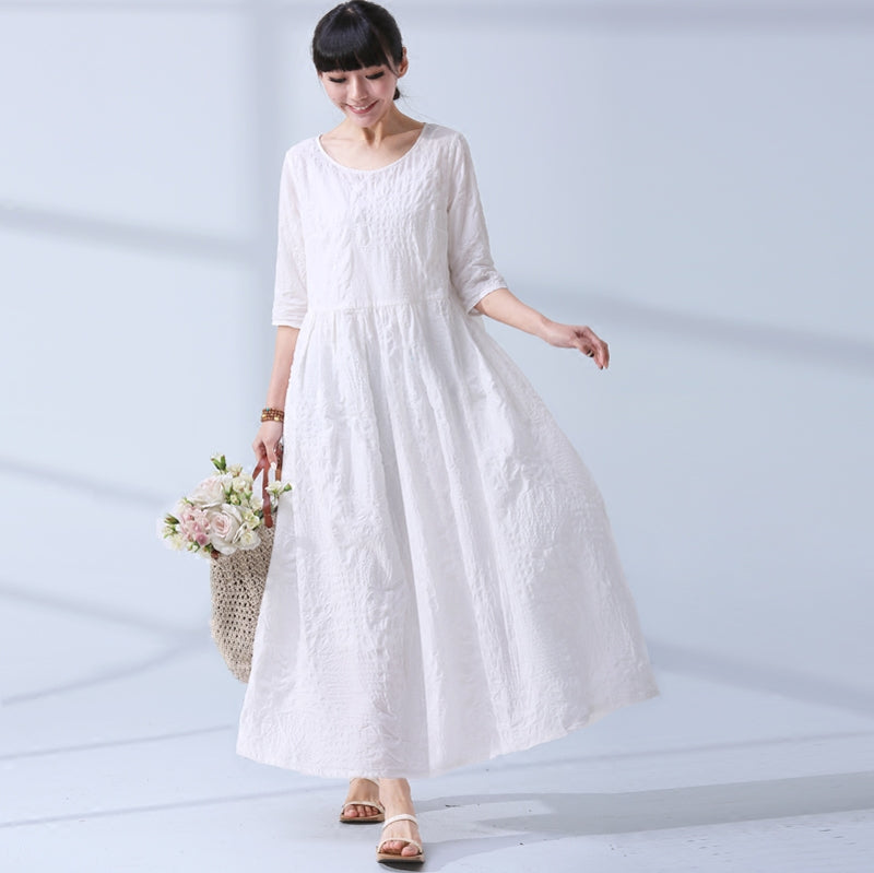National Wind Summer Elegant Jacquard Cotton Linen Casual Loose Maxi L–  FantasyLinen