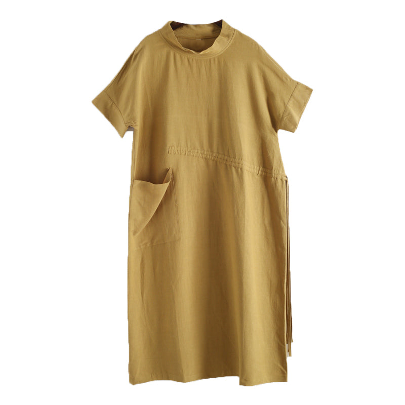 Women Simple Casual Linen Pure Color High Waist Dress