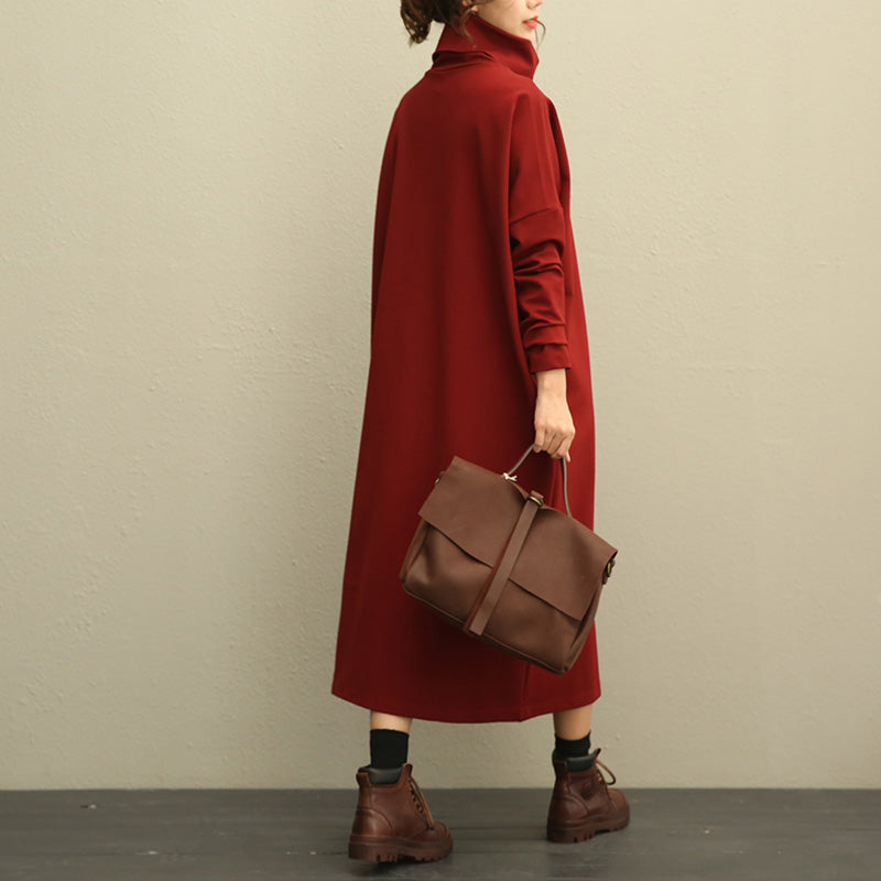 Casual High Neck Thick Maxi Dresses Women Loose Clothes 208 Red
