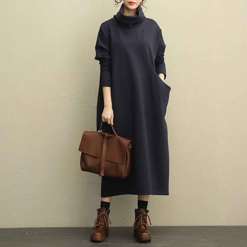 Casual High Neck Thick Maxi Dresses Women Loose Clothes 208 Blue Casual High Neck Thick Maxi Dresses Women Loose Clothes 208 Blue