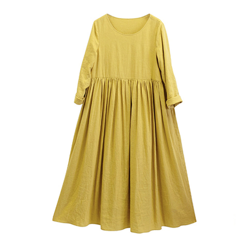 Women Loose Simple Yellow Linen Maxi Dress L