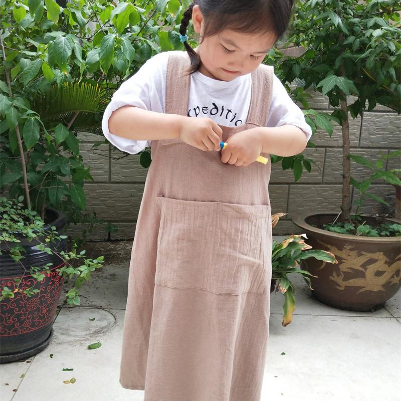 Children's Cotton Linen Apron Art Drawing Workwear Khaki