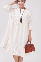 Load image into Gallery viewer, Women White Cotton Linen  Bat Sleeve Round Neck Loose Dress
