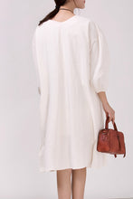 Load image into Gallery viewer, Women White Cotton Linen  Bat Sleeve Round Neck Loose Dress