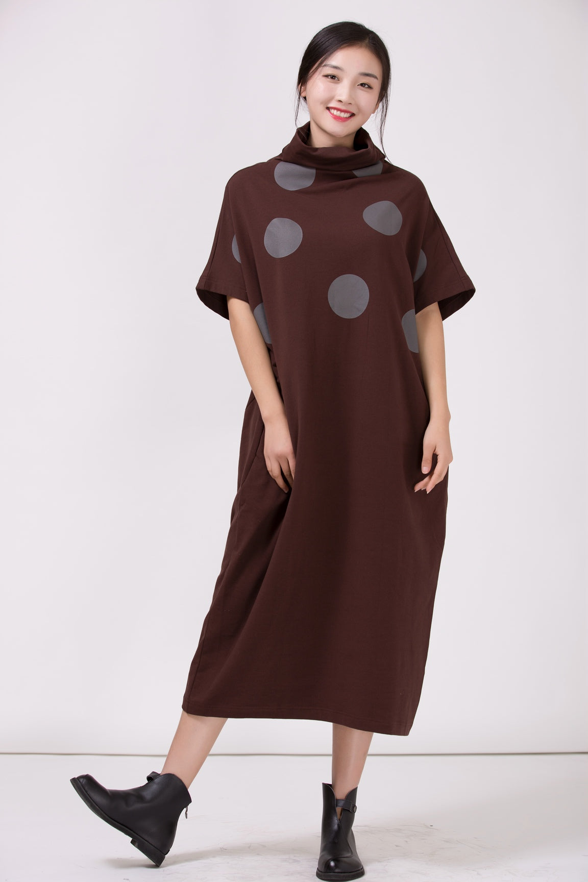 turtleneck loose dress Black Solid Color Turtleneck Drop Shoulder Loose Sweater Dress