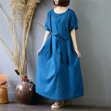Load image into Gallery viewer, Women&#39;s Pinstripe Round Neck Waist Drawstring Maxi Dress
