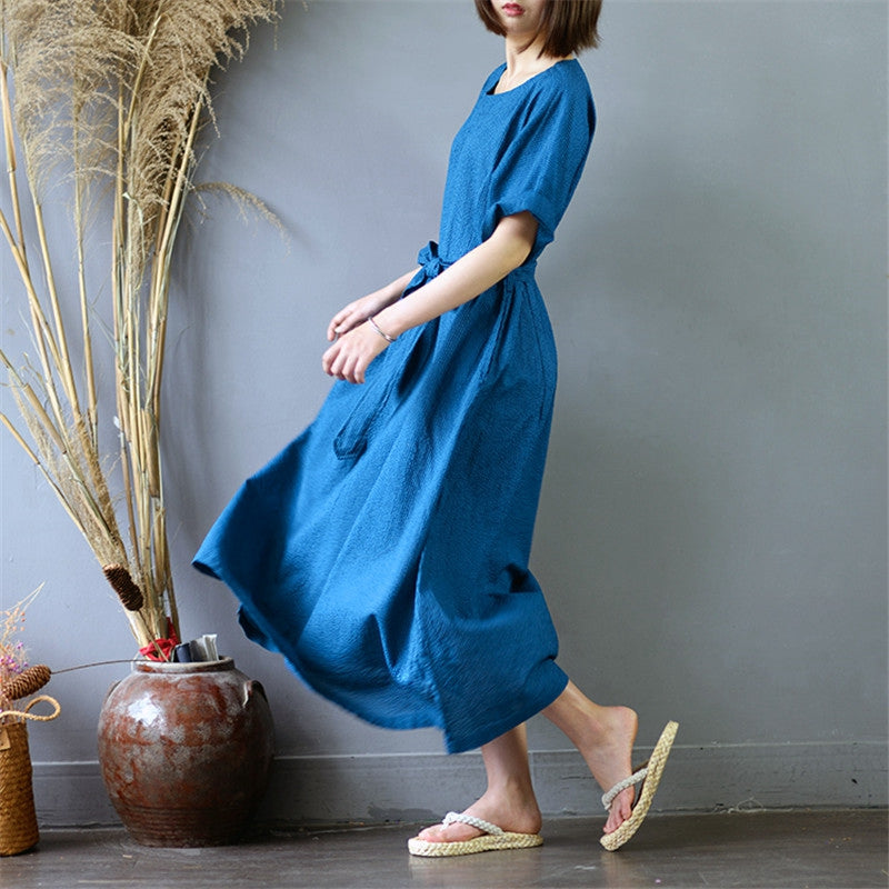 Women's Pinstripe Round Neck Waist Drawstring Maxi Dress Women's Pinstripe Round Neck Waist Drawstring Maxi Dress