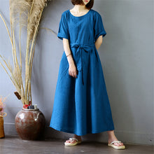 Load image into Gallery viewer, Women&#39;s Pinstripe Round Neck Waist Drawstring Maxi Dress

