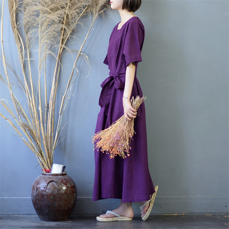 Women's Pinstripe Round Neck Waist Drawstring Maxi Dress– FantasyLinen