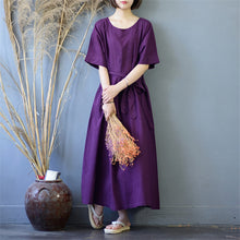 Load image into Gallery viewer, Women&#39;s Pinstripe Round Neck Waist Drawstring Maxi Dress
