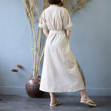 Load image into Gallery viewer, Women&#39;s Pinstripe Round Neck Waist Drawstring Maxi Dress