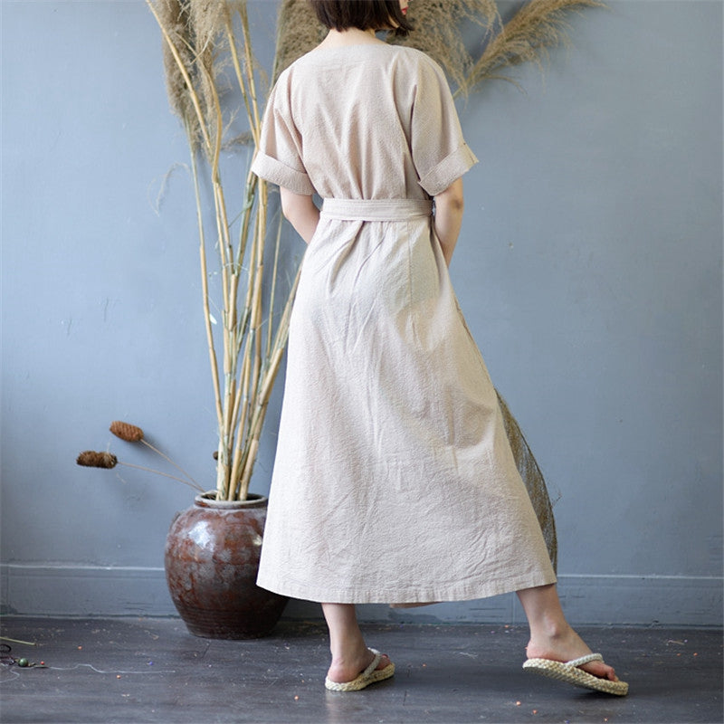 Women's Pinstripe Round Neck Waist Drawstring Maxi Dress– FantasyLinen