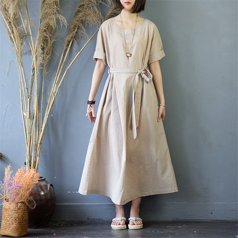 fitted lace wedding dress Women's Pinstripe Round Neck Waist Drawstring Maxi Dress– FantasyLinen